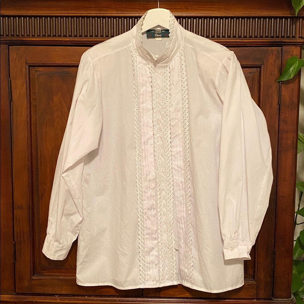 Orvis Vintage White High Neck Blouse Broderie Anglaise embroidery pin tucks 14